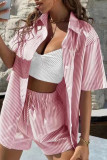 Casual Sportswear Striped Patchwork Turndown Collar Short Sleeve Two Pieces