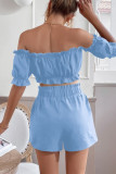 Casual Sweet Solid Pocket Off the Shoulder Short Sleeve Two Pieces
