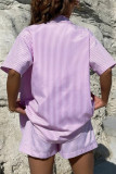Casual Sportswear Striped Patchwork Turndown Collar Short Sleeve Two Pieces