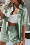 Casual Sportswear Striped Patchwork Turndown Collar Short Sleeve Two Pieces