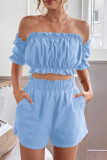 Casual Sweet Solid Pocket Off the Shoulder Short Sleeve Two Pieces