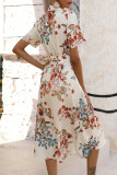 Celebrities Elegant Floral Frenulum Buckle Turndown Collar A Line Short Sleeve Dress
