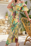 Casual Vacation Floral Patchwork Frenulum Off the Shoulder Regular Jumpsuits