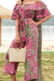 Casual Vacation Floral Patchwork Frenulum Off the Shoulder Regular Jumpsuits