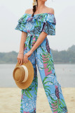 Casual Vacation Floral Patchwork Frenulum Off the Shoulder Regular Jumpsuits