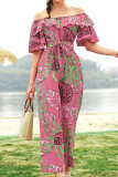 Casual Vacation Floral Patchwork Frenulum Off the Shoulder Regular Jumpsuits