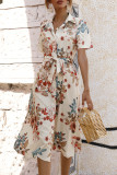Celebrities Elegant Floral Frenulum Buckle Turndown Collar A Line Short Sleeve Dress