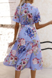 Celebrities Elegant Floral Frenulum Buckle Turndown Collar A Line Short Sleeve Dress