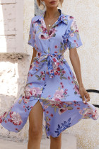 Celebrities Elegant Floral Frenulum Buckle Turndown Collar A Line Short Sleeve Dress