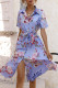 Celebrities Elegant Floral Frenulum Buckle Turndown Collar A Line Short Sleeve Dress