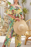 Casual Vacation Floral Patchwork Frenulum Off the Shoulder Regular Jumpsuits