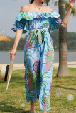 Casual Vacation Floral Patchwork Frenulum Off the Shoulder Regular Jumpsuits