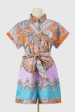 Casual College National Totem Print Patchwork Frenulum O Neck Loose Rompers