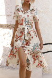 Celebrities Elegant Floral Frenulum Buckle Turndown Collar A Line Short Sleeve Dress