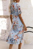 Celebrities Elegant Floral Frenulum Buckle Turndown Collar A Line Short Sleeve Dress