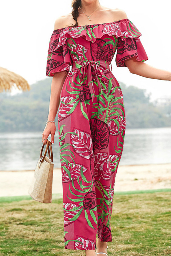 Casual Vacation Floral Patchwork Frenulum Off the Shoulder Regular Jumpsuits