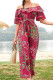 Casual Vacation Floral Patchwork Frenulum Off the Shoulder Regular Jumpsuits