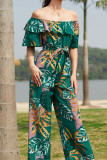 Casual Vacation Floral Patchwork Frenulum Off the Shoulder Regular Jumpsuits