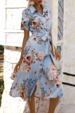 Celebrities Elegant Floral Frenulum Buckle Turndown Collar A Line Short Sleeve Dress