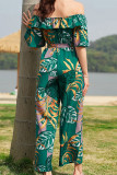 Casual Vacation Floral Patchwork Frenulum Off the Shoulder Regular Jumpsuits