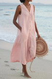 Casual Simplicity Solid Pocket Buckle V Neck Vest Dress Dresses