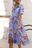 Celebrities Elegant Floral Frenulum Buckle Turndown Collar A Line Short Sleeve Dress