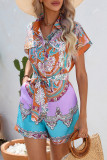 Casual College National Totem Print Patchwork Frenulum O Neck Loose Rompers