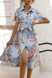 Celebrities Elegant Floral Frenulum Buckle Turndown Collar A Line Short Sleeve Dress