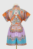 Casual College National Totem Print Patchwork Frenulum O Neck Loose Rompers