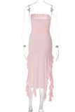 Sexy Street Solid Hollowed Out Asymmetrical Strapless Sleeveless Dress Dresses