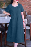 Plus Size Casual Solid Pocket Frenulum O Neck Short Sleeve Dress