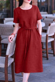 Plus Size Casual Solid Pocket Frenulum O Neck Short Sleeve Dress