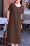Plus Size Casual Solid Pocket Frenulum O Neck Short Sleeve Dress