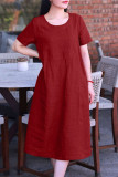 Plus Size Casual Solid Pocket Frenulum O Neck Short Sleeve Dress