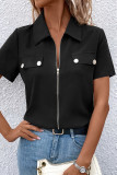 Casual Daily Solid Zipper Turndown Collar Tops