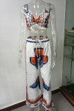 Sexy College Print Patchwork V Neck Sleeveless Two Pieces