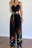 Sexy Casual Floral Patchwork V Neck Sleeveless Two Pieces