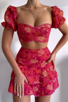 Sexy Vacation Print Patchwork V Neck Short Sleeve Two Pieces