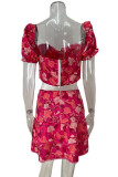 Sexy Vacation Print Patchwork V Neck Short Sleeve Two Pieces