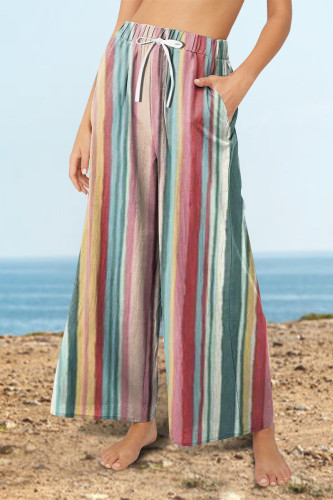 Casual College Striped Pocket Contrast Loose High Waist Wide Leg Full Print Bottoms