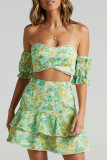Sexy Vacation Print Patchwork V Neck Short Sleeve Two Pieces
