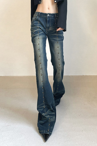 Street College Solid Rivets Low Waist Skinny Denim Jeans