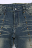 Street College Solid Rivets Low Waist Skinny Denim Jeans
