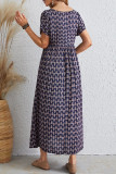 Elegant College Print Pocket Fold V Neck Short Sleeve Dress Dresses