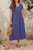 Elegant College Print Pocket Fold V Neck Short Sleeve Dress Dresses