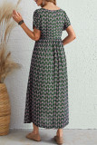 Elegant College Print Pocket Fold V Neck Short Sleeve Dress Dresses