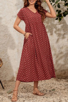 Elegant College Print Pocket Fold V Neck Short Sleeve Dress Dresses