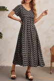 Elegant College Print Pocket Fold V Neck Short Sleeve Dress Dresses