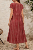 Elegant College Print Pocket Fold V Neck Short Sleeve Dress Dresses