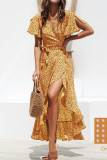 Sexy Vacation Print Frenulum Flounce Asymmetrical V Neck Bandage Dress Dresses